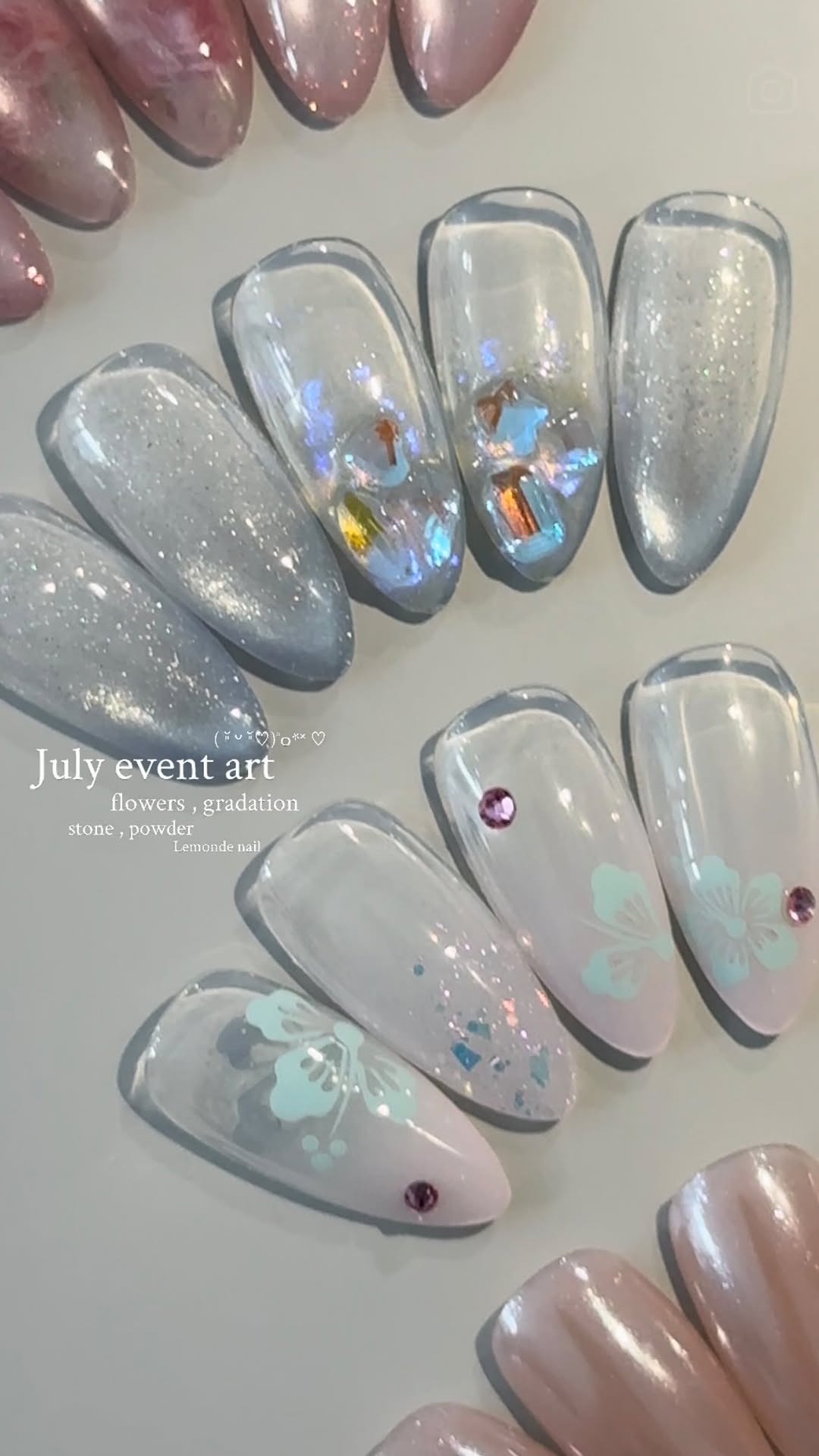 ♡ July Event Design ♡ 7월 이달의아트 입니다⊹ 그라데이션이 없으면 안되는 사람..😇 여름엔 네일바디까지도 시원하게, 그라데이션으로 답답함 덜어내기!𐑂 화려하지만 너무 과하지 않은 7월 라인업♥…